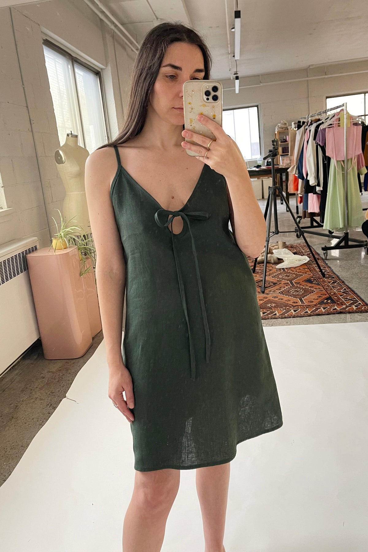 Green Foliage Silhouette Frill Slip Dress