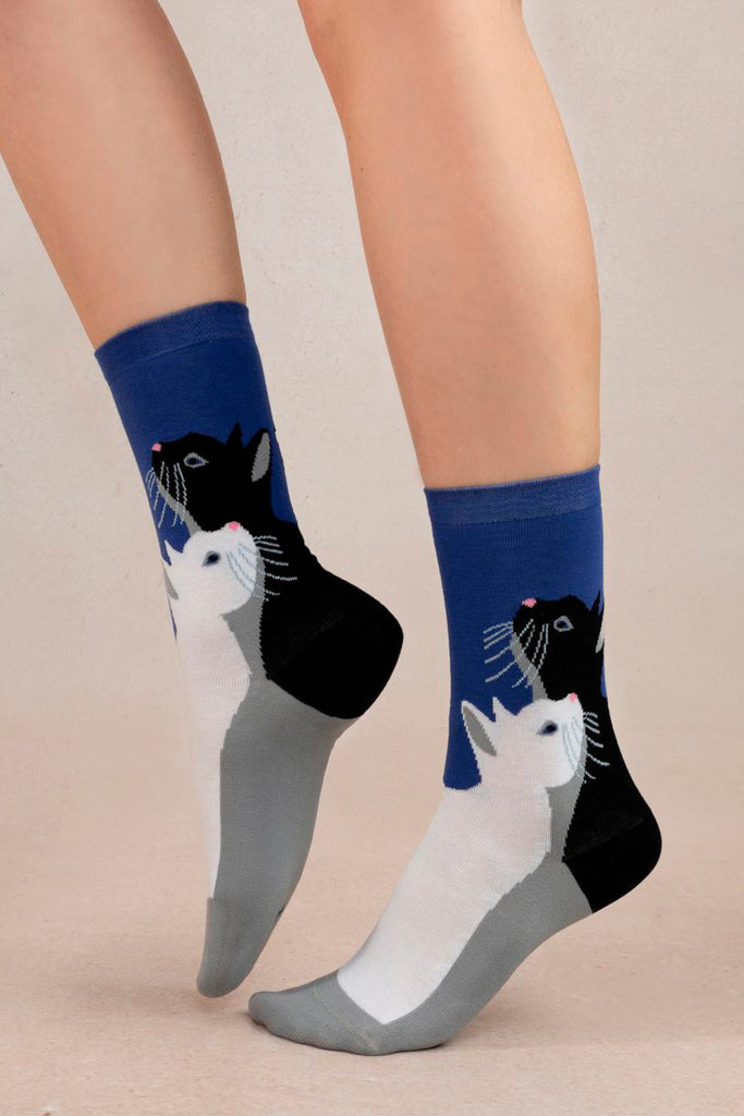 Eliza Faulkner Designs Inc. Accessories One Size Bleuforêt Cat Pattern Sock Blue