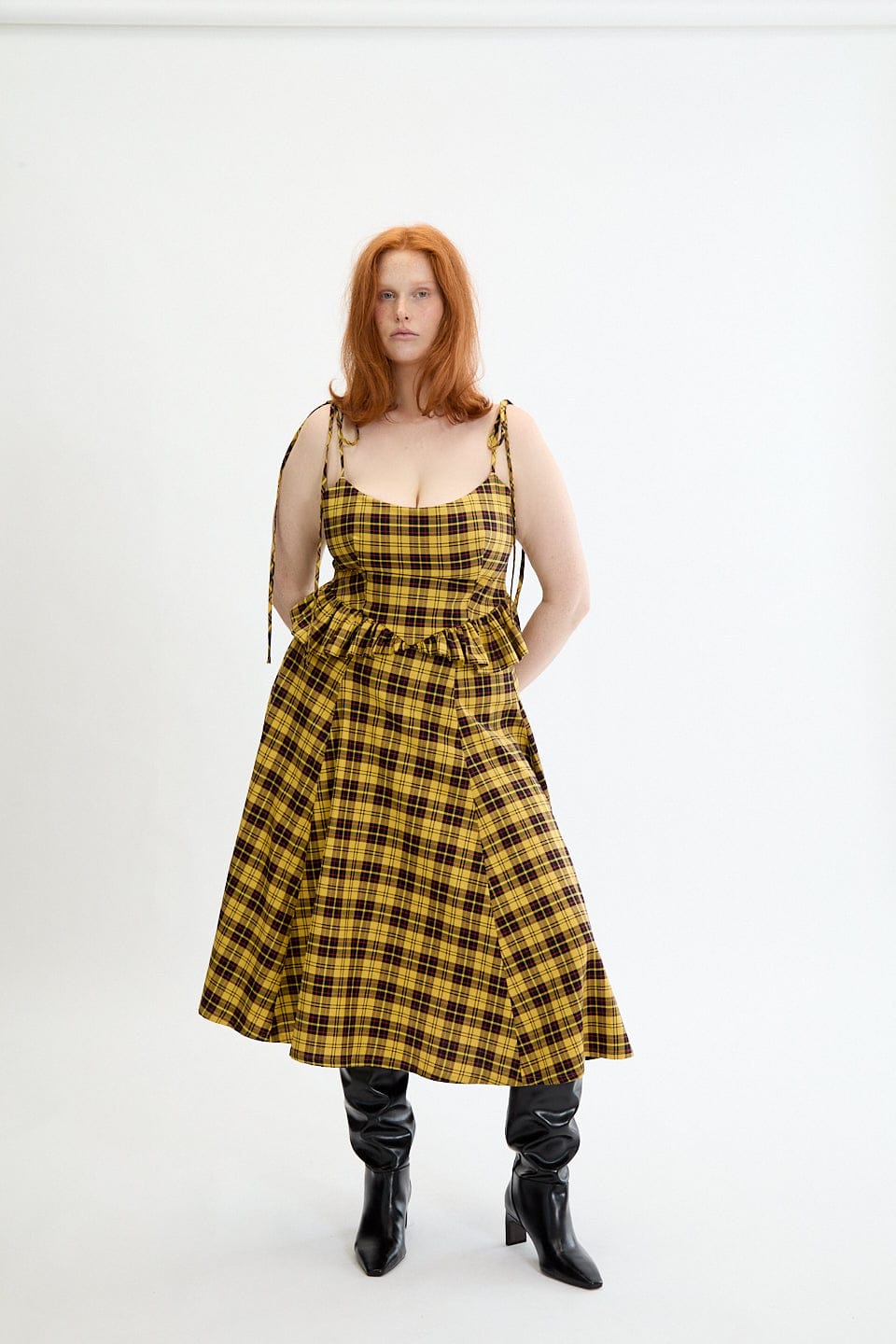 yellow plaid corset dress Outfit Set - Tommyrot Mustard Yellow Plaid Mini Swing Dress & Two Buckle Corset Belt XL / Regular