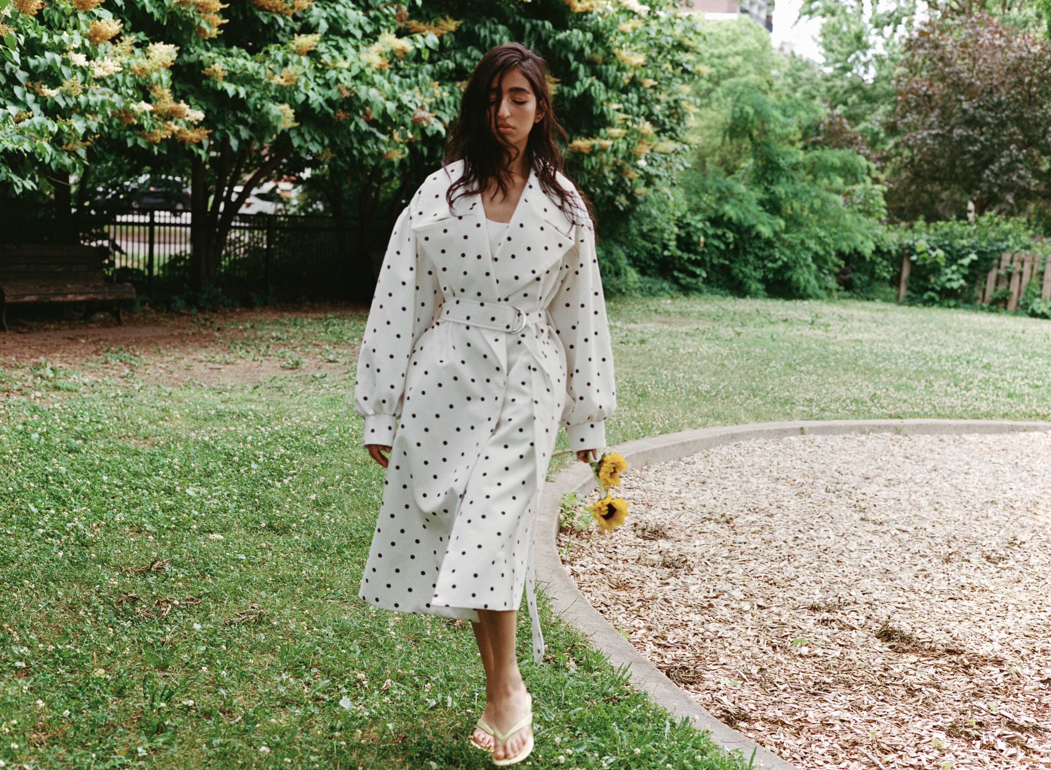 Cookies and Cream Trench Coat for Women | Emanuella Polka Dot