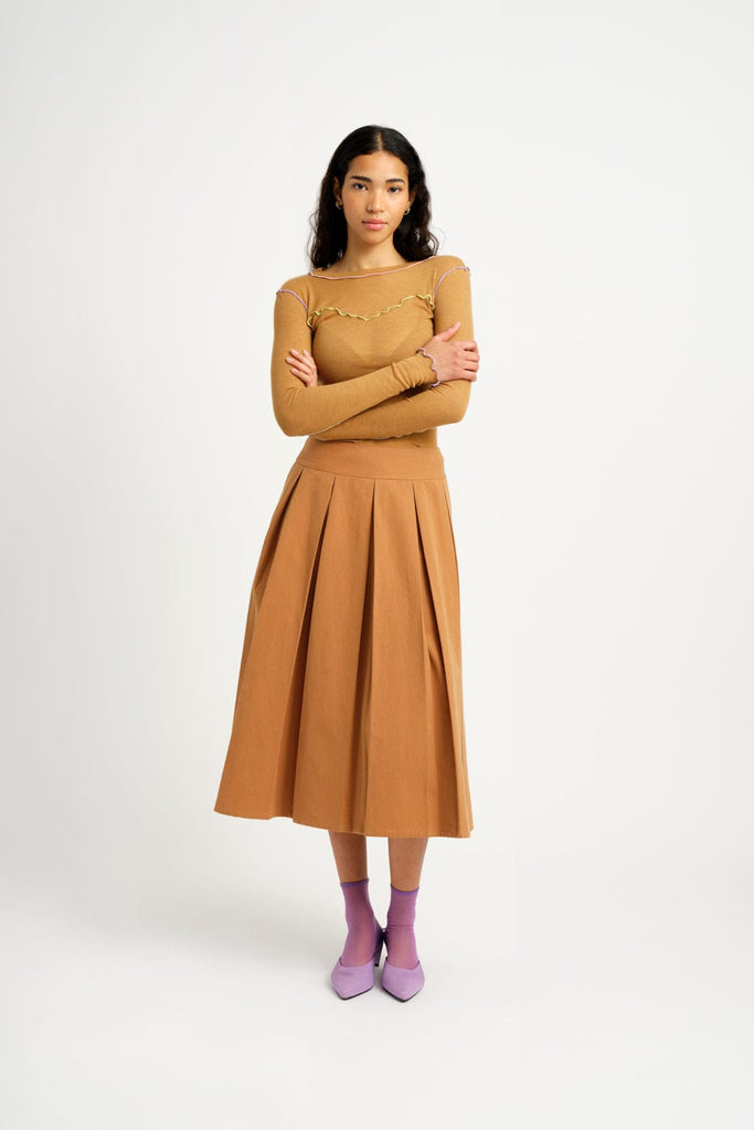 Eliza Faulkner Designs Inc. Pants S Sample Pleated Midi Skirt Camel