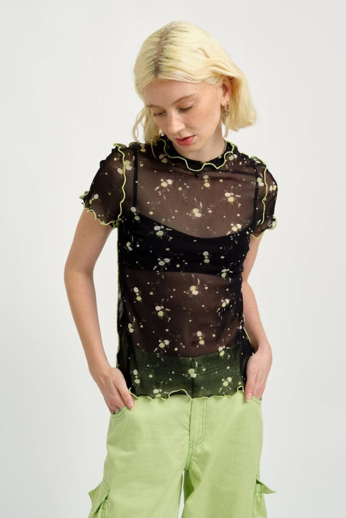 Eliza Faulkner Designs Inc. Shirts & Tops L Imperfect Remy Tee Black Floral Mesh